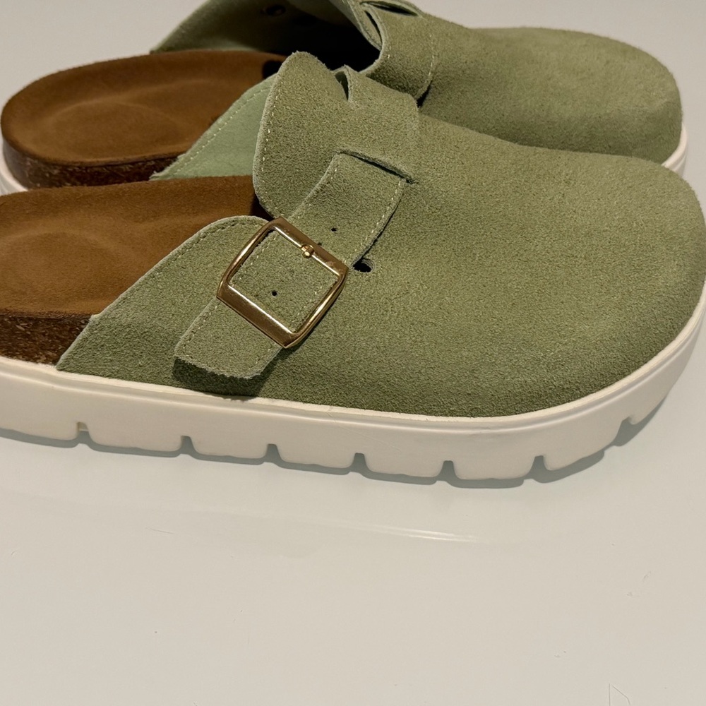 Suede Slide Clog Mule with Adjustable Buckle in Sage Green Size 7